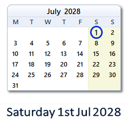 1 July 2028 calendar