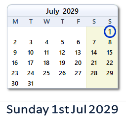 1 July 2029 calendar