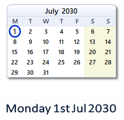 1 July 2030 calendar