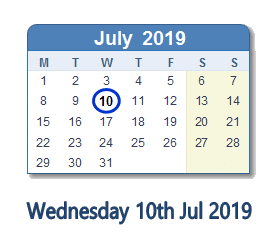 10 July 2019 calendar