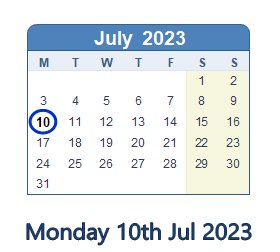 10 July 2023 calendar