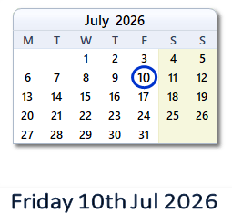 10 July 2026 calendar