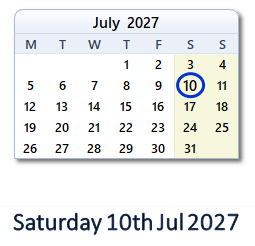 10 July 2027 calendar