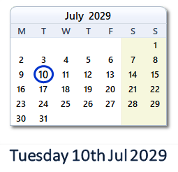 10 July 2029 calendar