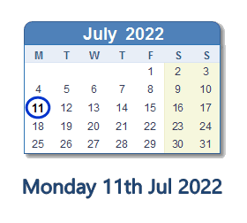 11 July 2022 calendar