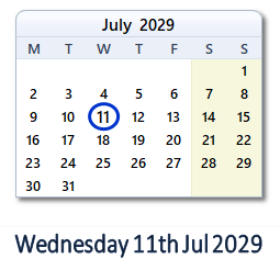11 July 2029 calendar