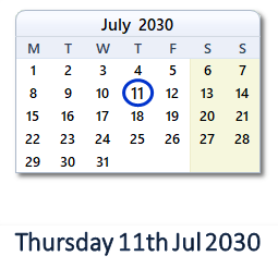 11 July 2030 calendar