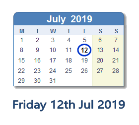12 July 2019 calendar