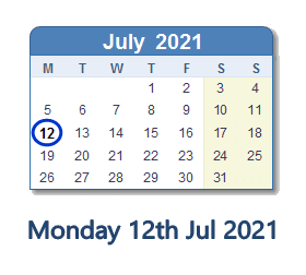 12 July 2021 calendar