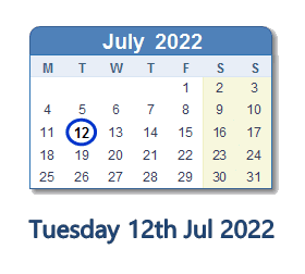 12 July 2022 calendar