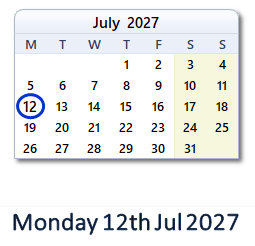 12 July 2027 calendar
