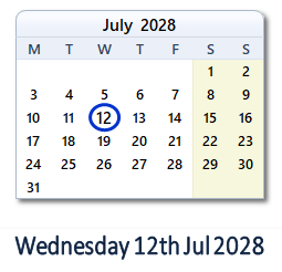 12 July 2028 calendar