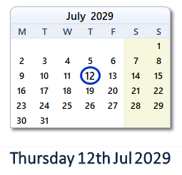 12 July 2029 calendar