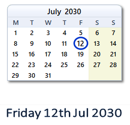 12 July 2030 calendar