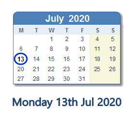 13 July 2020 calendar
