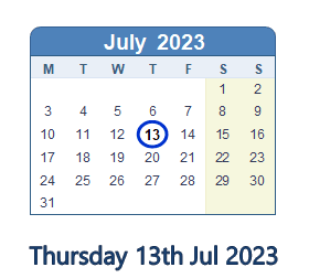 13 July 2023 calendar