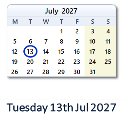13 July 2027 calendar