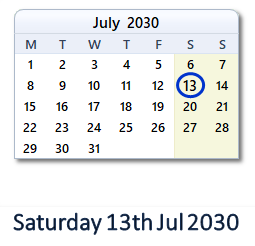 13 July 2030 calendar