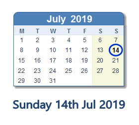 14 July 2019 calendar