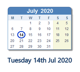 14 July 2020 calendar