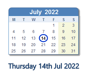 14 July 2022 calendar