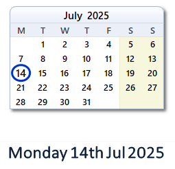 14 July 2025 calendar