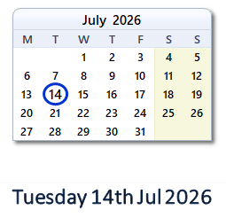 14 July 2026 calendar
