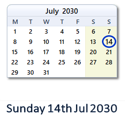 14 July 2030 calendar