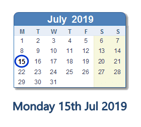 15 July 2019 calendar