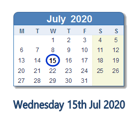 15 July 2020 calendar