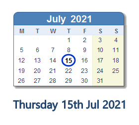 15 July 2021 calendar