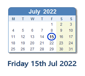 15 July 2022 calendar
