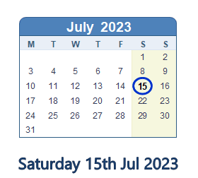 15 July 2023 calendar