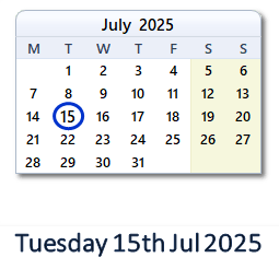 15 July 2025 calendar