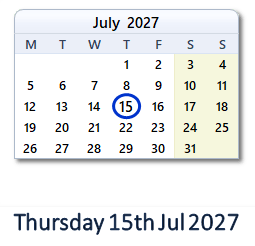 15 July 2027 calendar