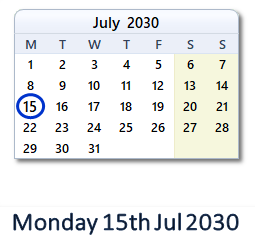 15 July 2030 calendar