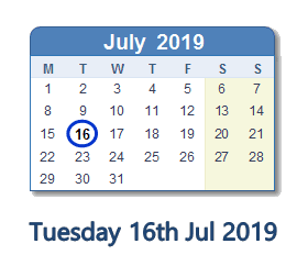 16 July 2019 calendar