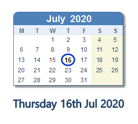 16 July 2020 calendar