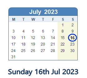 16 July 2023 calendar