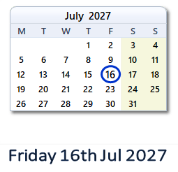 16 July 2027 calendar