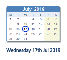 17 July 2019 calendar