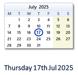 17 July 2025 calendar