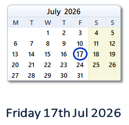 17 July 2026 calendar