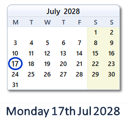 17 July 2028 calendar