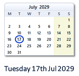 17 July 2029 calendar