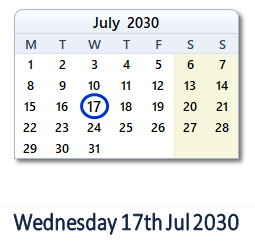 17 July 2030 calendar
