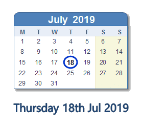 18 July 2019 calendar