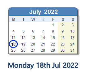 18 July 2022 calendar