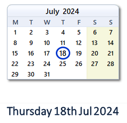 18 July 2024 calendar