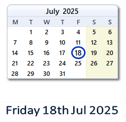 18 July 2025 calendar